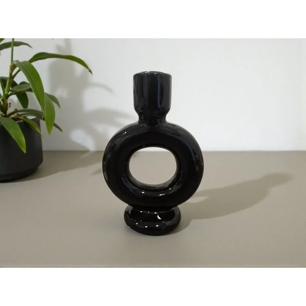 New MCM Black Circle Round Modern Abstract Candle Holder Room Decor